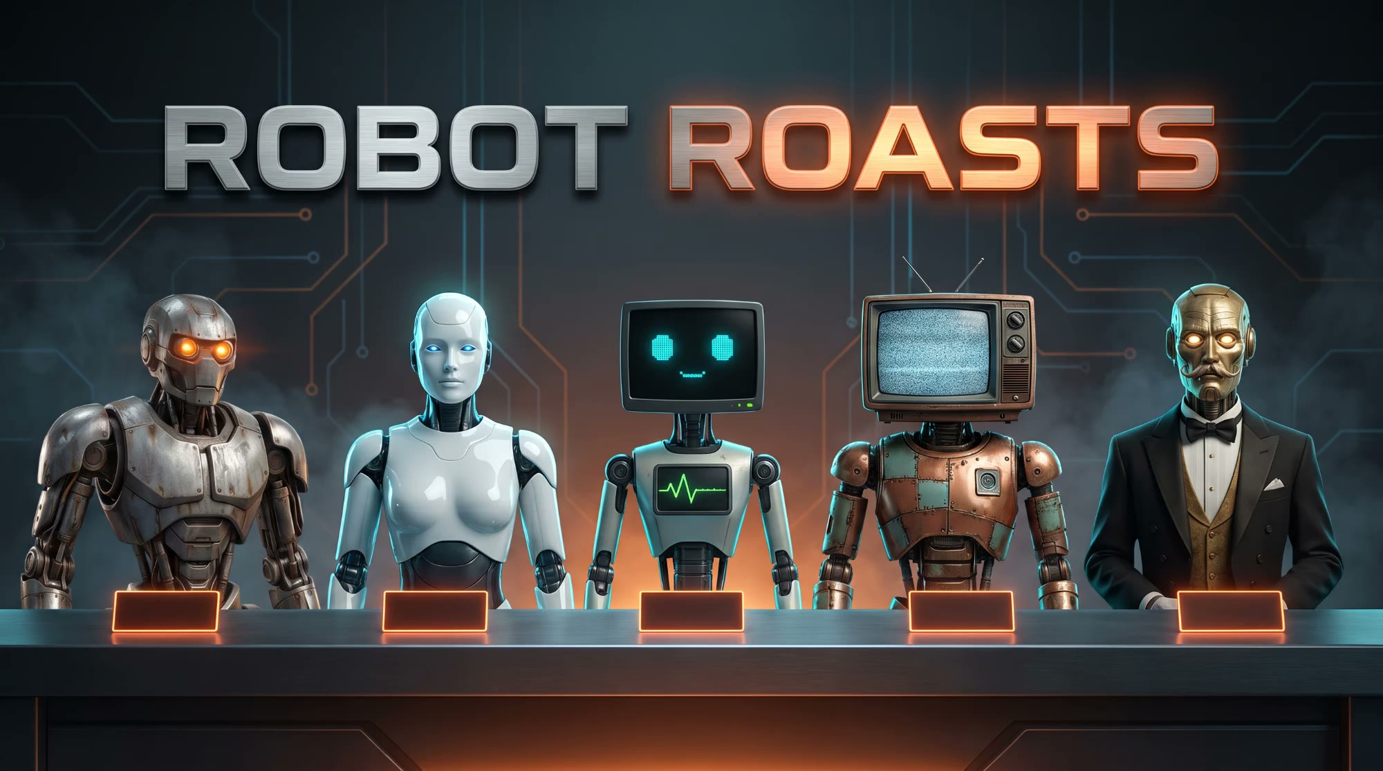 Robot Roasts: five robots behind a desk with glowing name plates