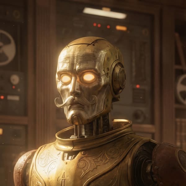 Unit-Archive, an engraved gold robot with a moustache
